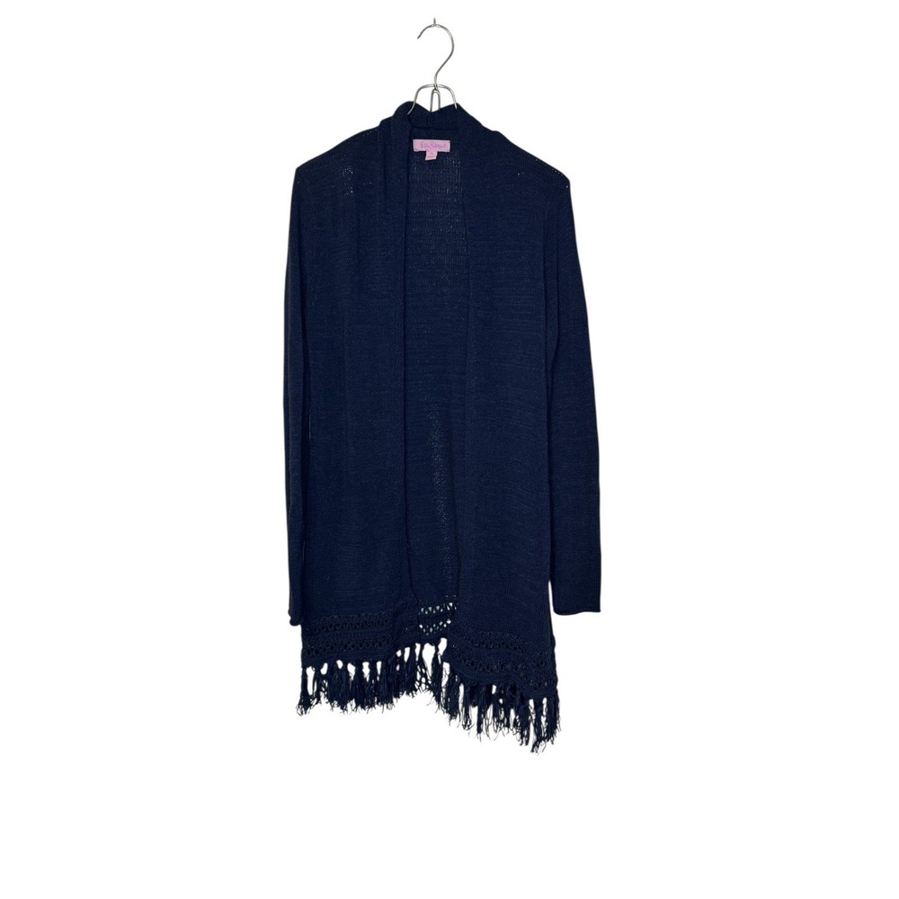 Lily Pulitzer Women's Sweater Open Fringe‎ Accents Tie Neck Long Sleeve Cardigan